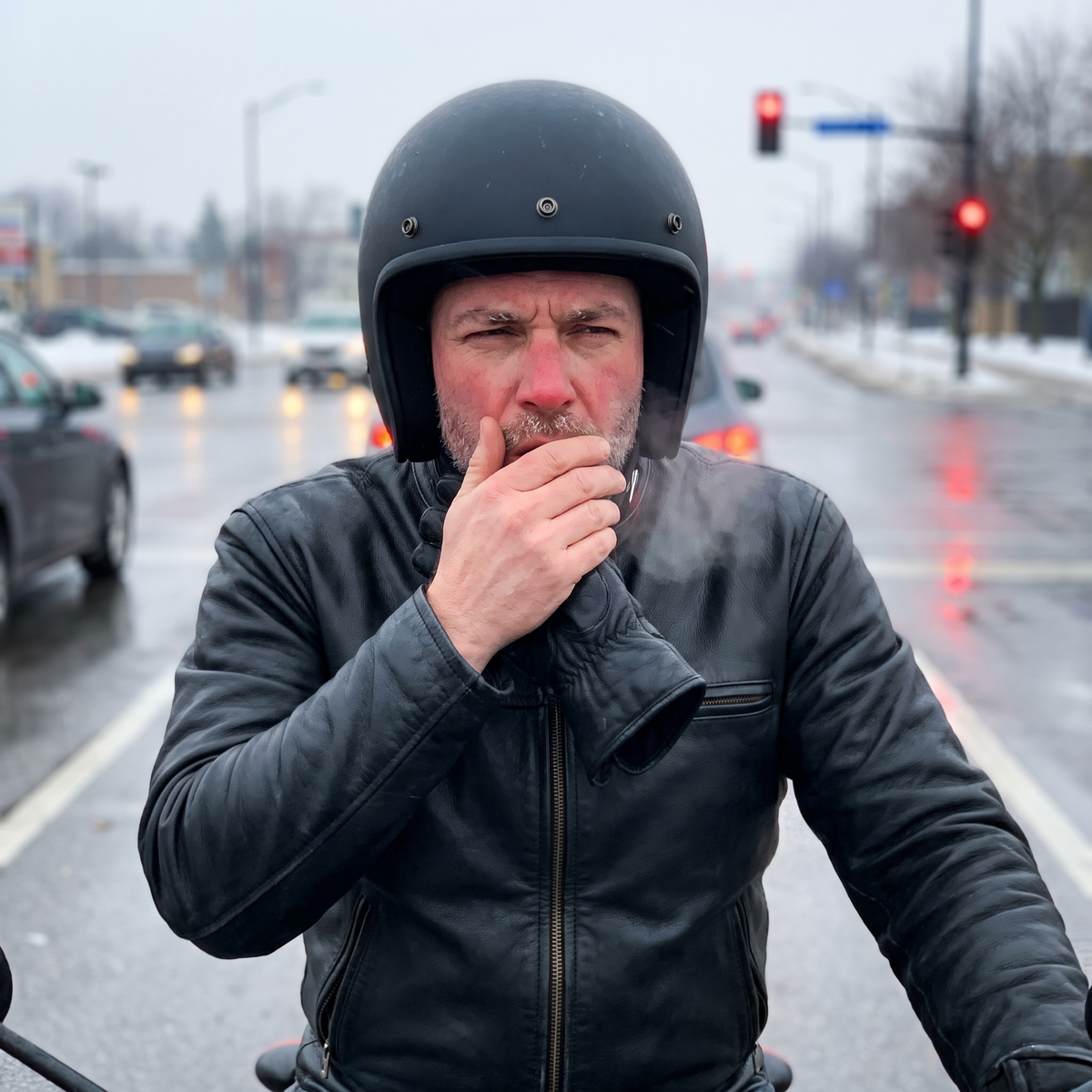 Cold-weather rider covering his face against the wind